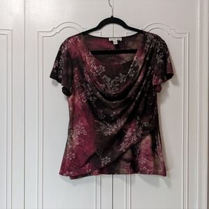 Dressbarn Red and Black Draped Short Sleeve Blouse